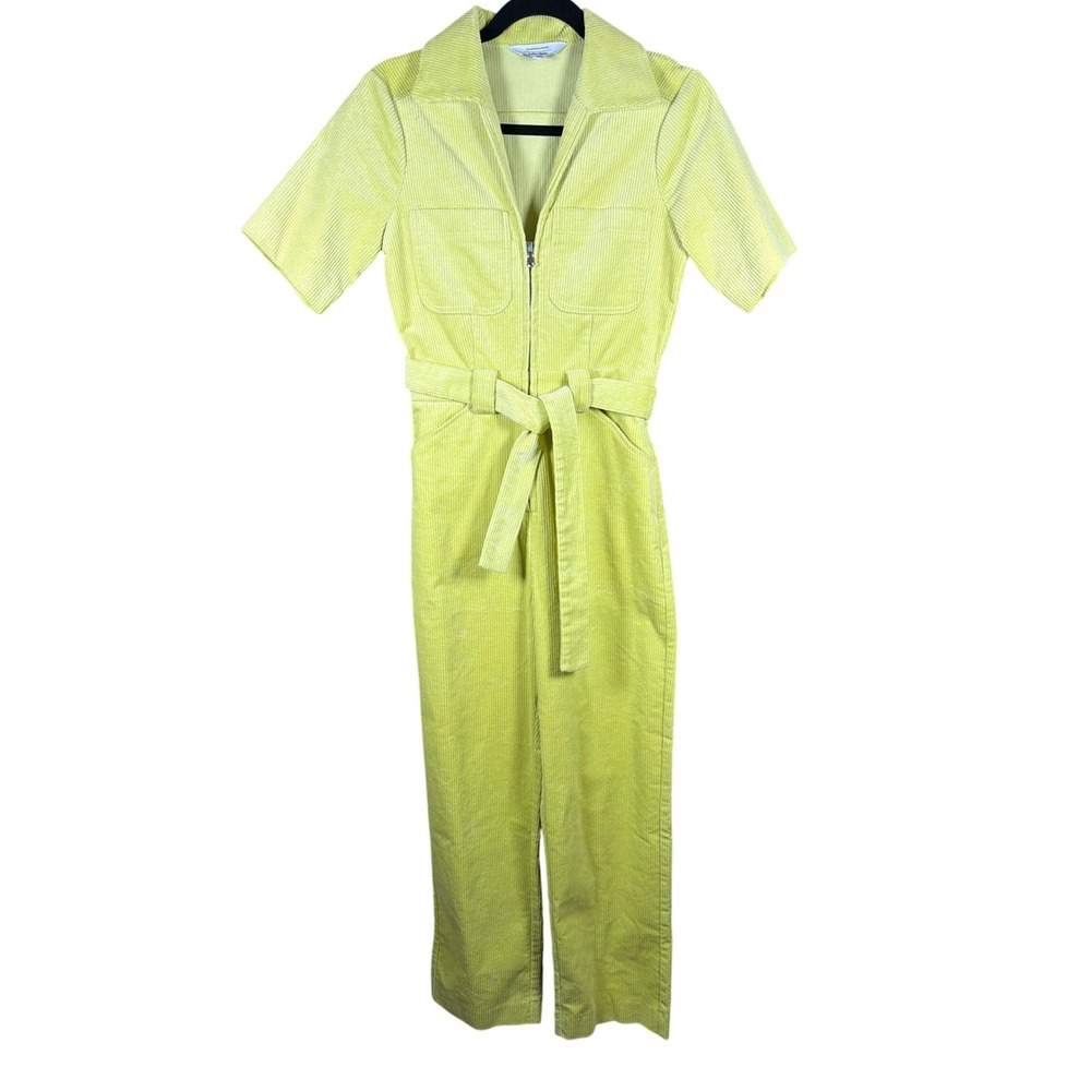 & Other Stories Lime Green Corduroy Utility Jumpsuit Belted Short Sleeve Size 2